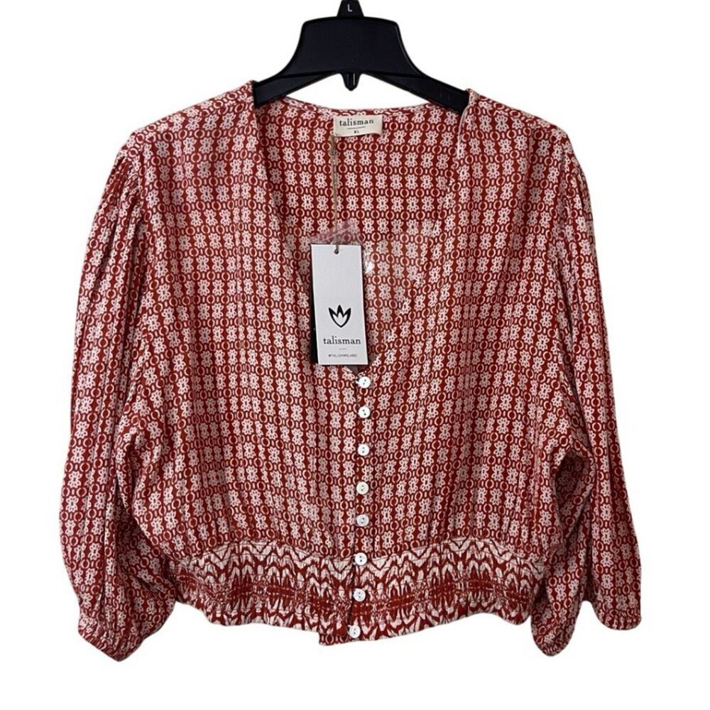 Talisman Halo Top Womens XL Orange Cropped Smocked Blouse Balloon Sleeve NEW
